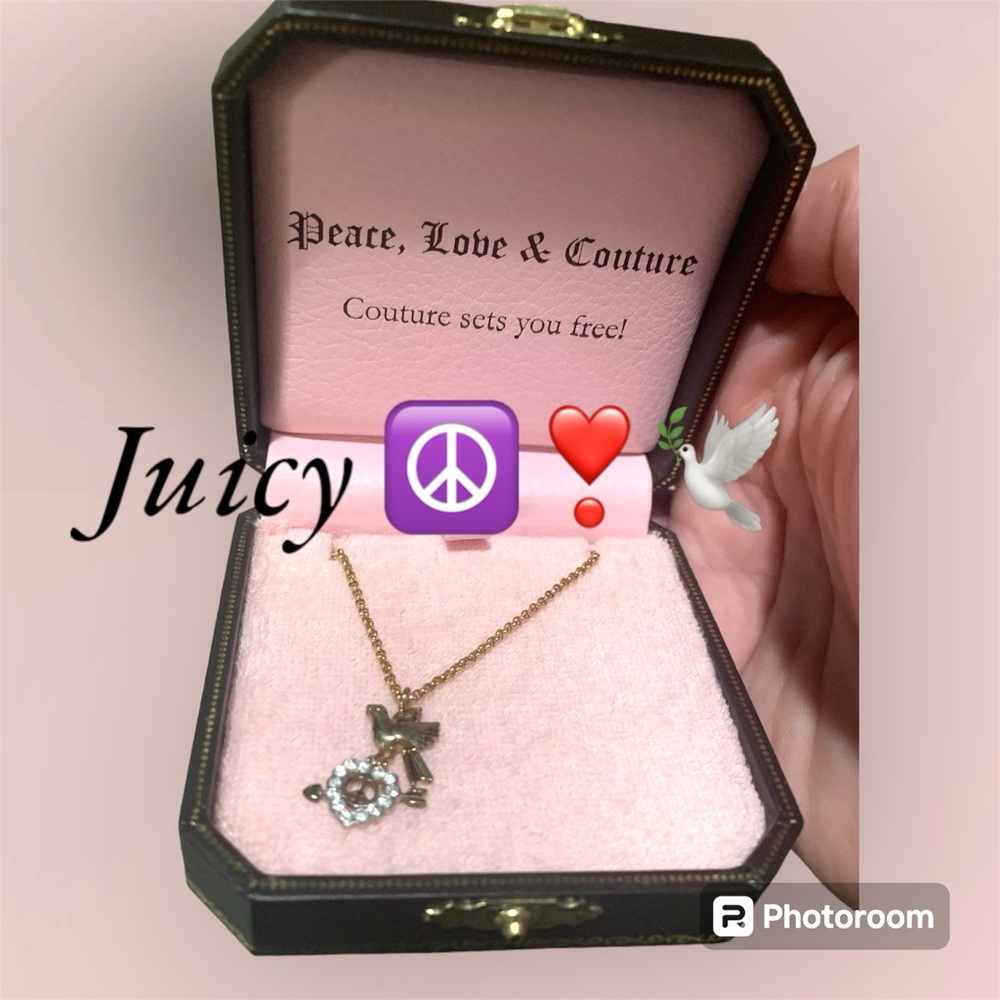 JUICY COUTURE Peace Rhinestone heart dove Necklace in Vintage clasp Box
